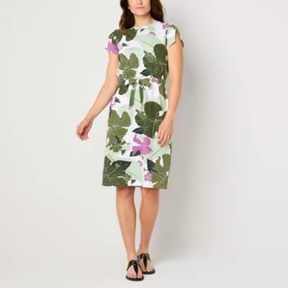 Liz Claiborne Womens Short Sleeve Midi Floral A-Line Dress