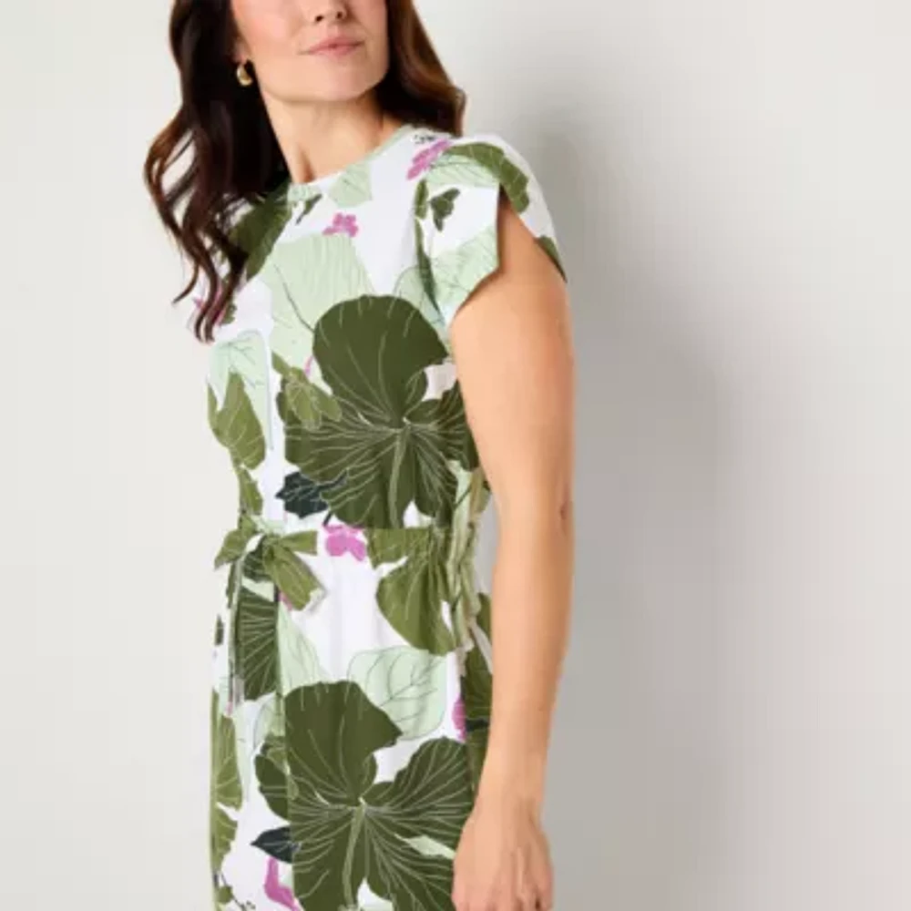 Liz Claiborne Womens Short Sleeve Midi Floral A-Line Dress