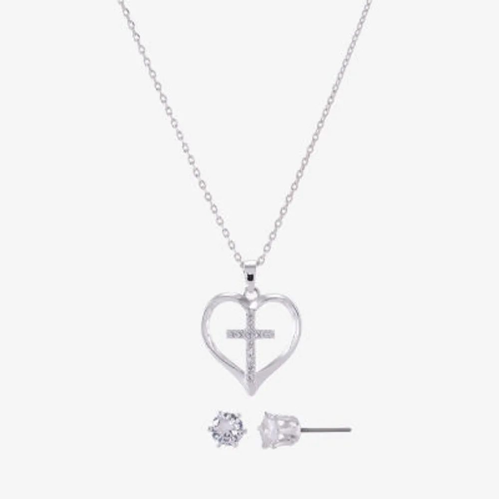 Sparkle Allure Womens Cubic Zirconia Pure Silver Over Brass Cross Heart 2-pc. Jewelry Set
