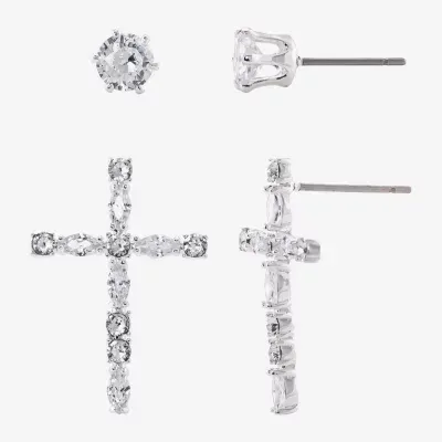Sparkle Allure Womens Cubic Zirconia Cross 2 Pair Earring Set