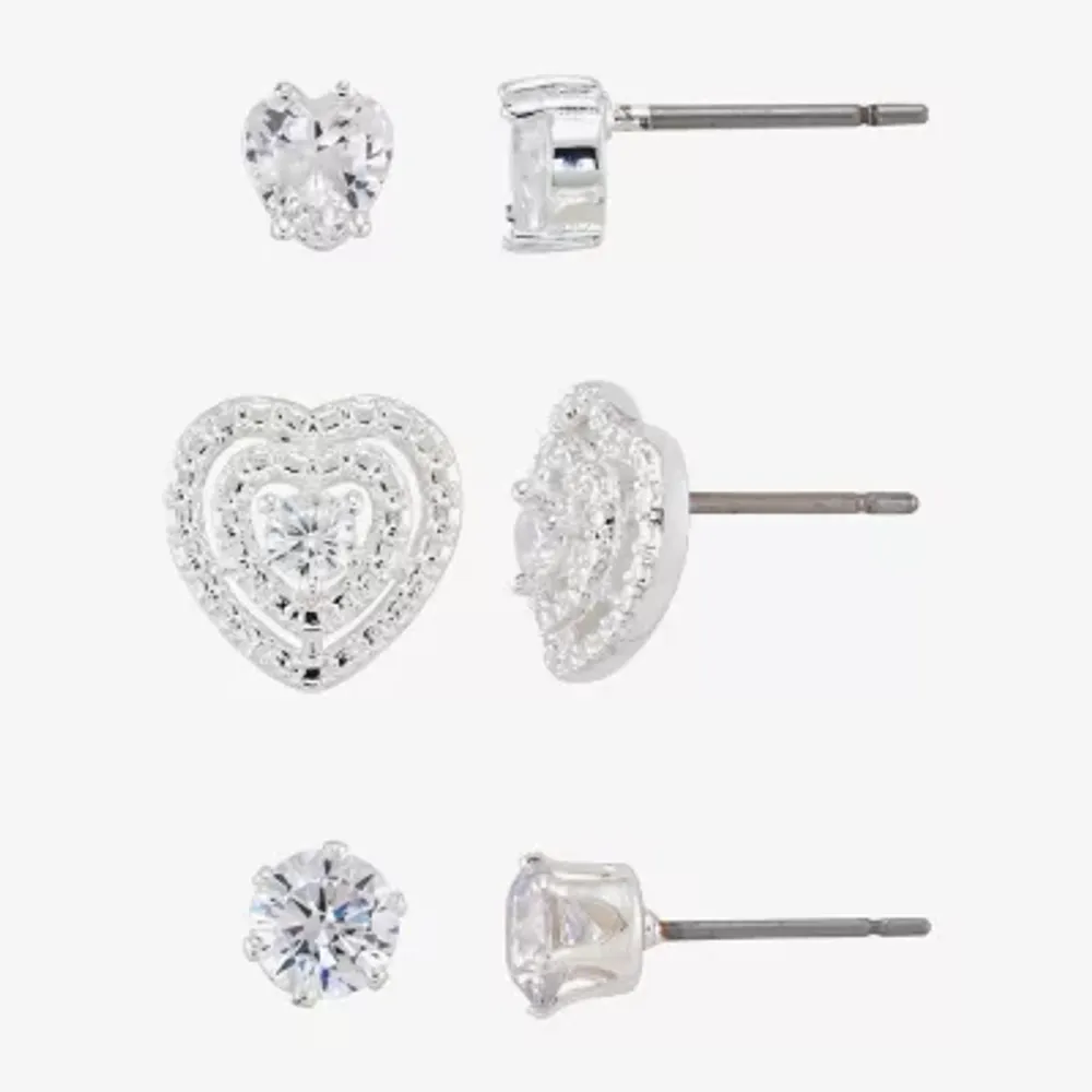 Sparkle Allure Womens Cubic Zirconia Heart 3 Pair Earring Set