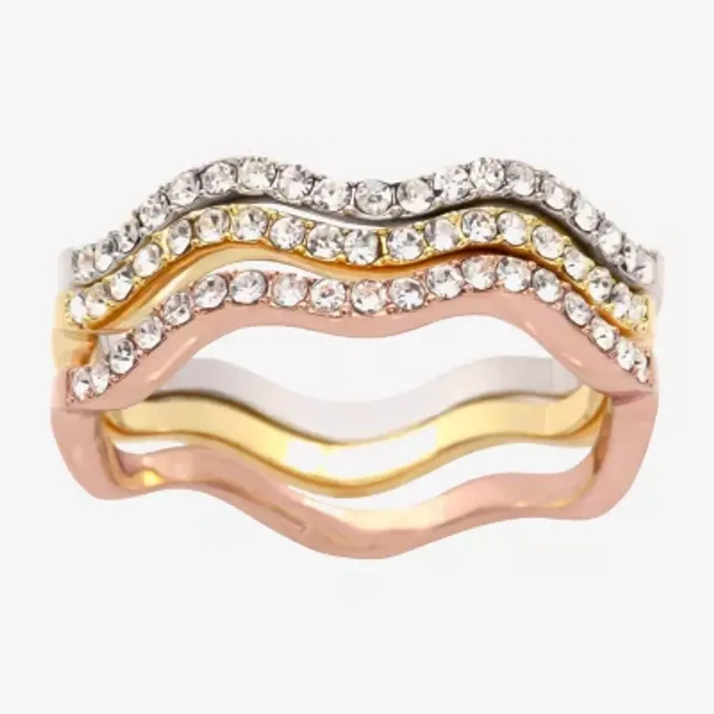 Sparkle Allure Wavy Delicate Stackable Womens Crystal 14K Gold Over Brass 18K Rose Ring Set