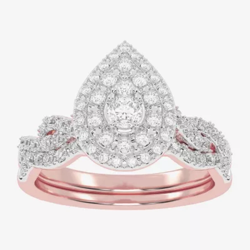 Womens CT. T.W. Natural White Diamond 10K Gold Pear Side Stone Halo Bridal Set