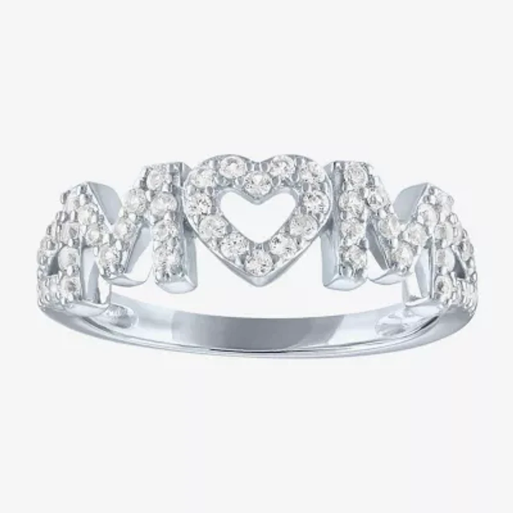 Yes, Please! "Mom" Womens Lab Created White Sapphire Sterling Silver Heart Band