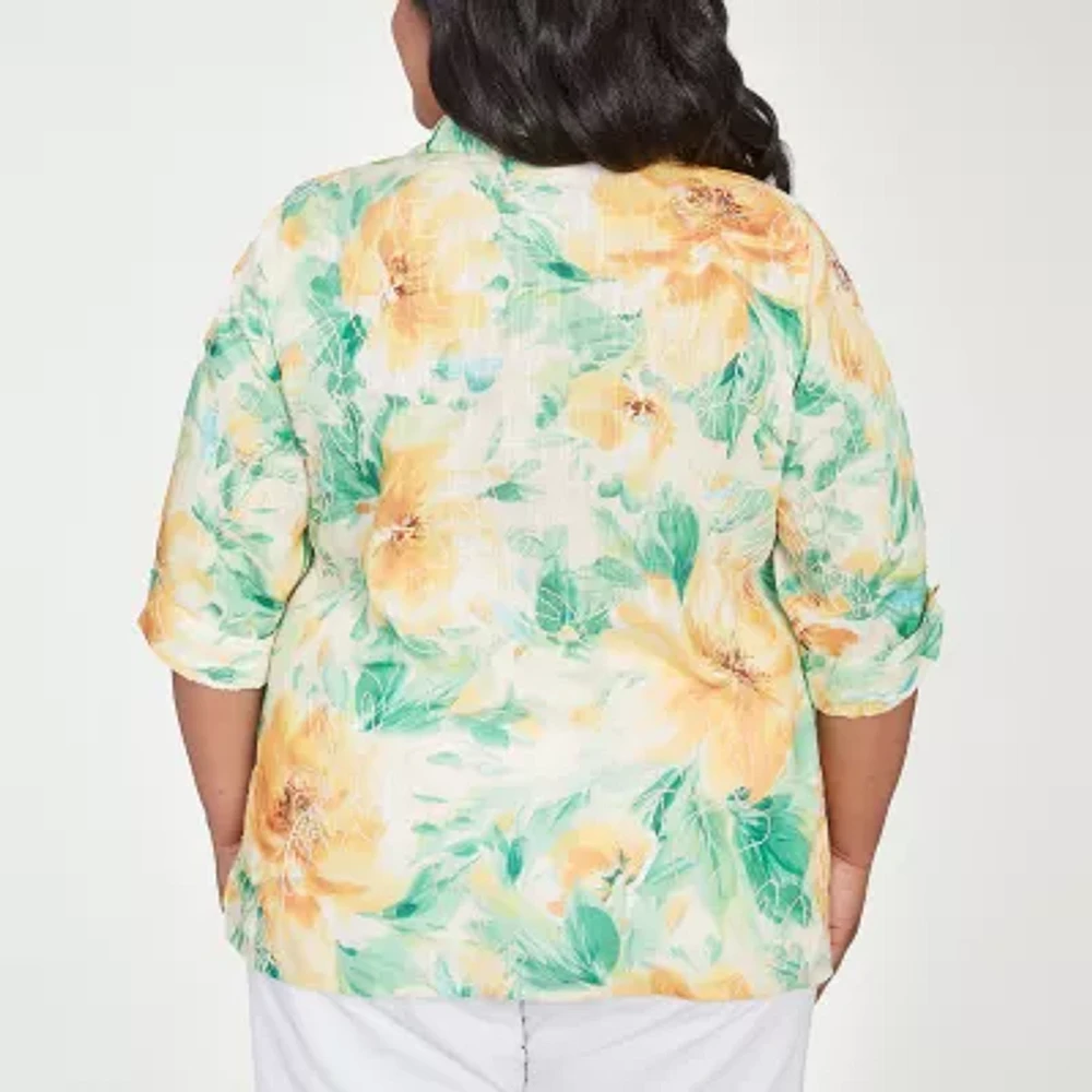Alfred Dunner Rise And Shine Womens 3/4 Sleeve Cuffed Plus Button-Down Shirt