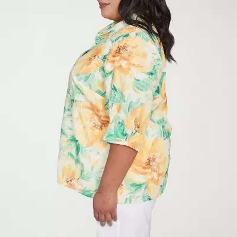 Alfred Dunner Rise And Shine Womens 3/4 Sleeve Cuffed Plus Button-Down Shirt