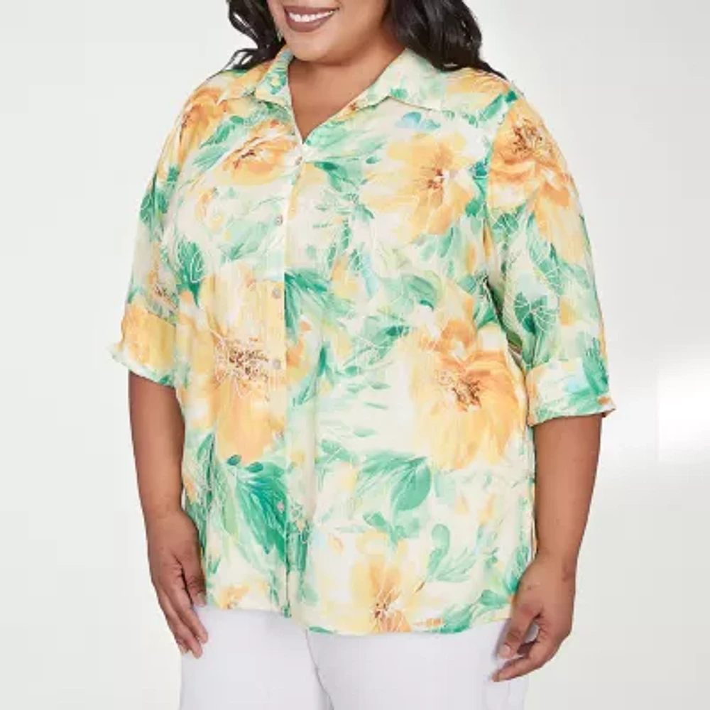 Alfred Dunner Rise And Shine Womens 3/4 Sleeve Cuffed Plus Button-Down Shirt