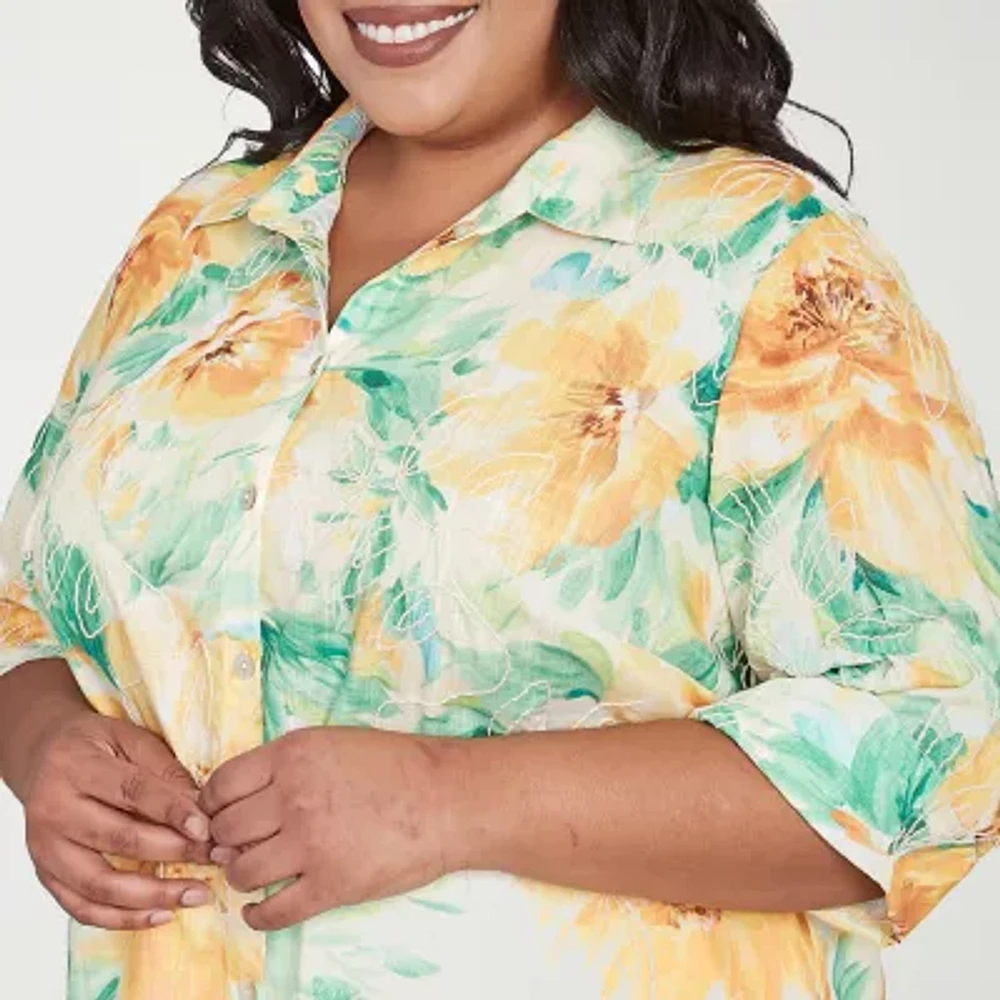 Alfred Dunner Rise And Shine Womens 3/4 Sleeve Cuffed Plus Button-Down Shirt