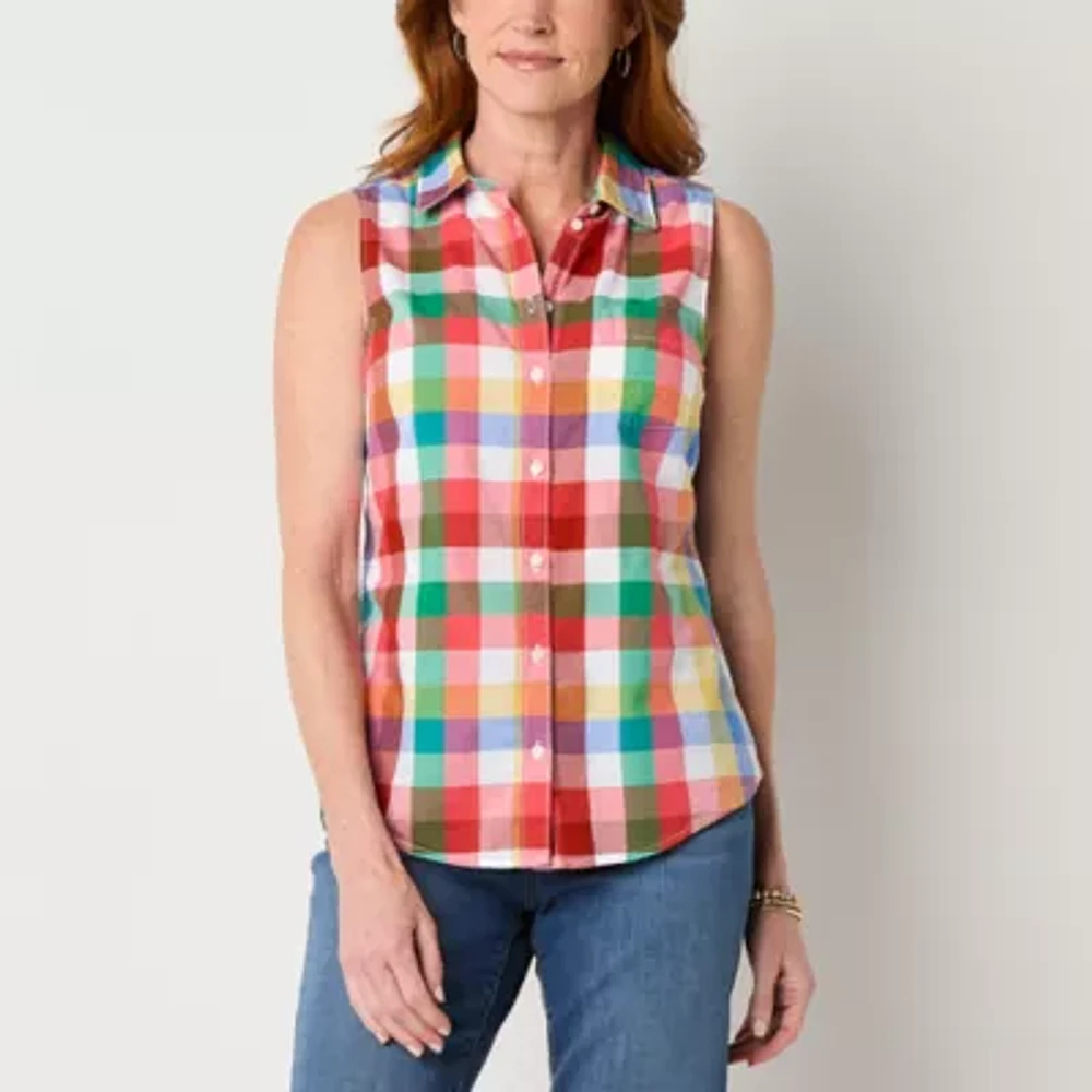 St. John's Bay Womens Easy-on + Easy-off Sleeveless Regular Fit Button-Down Shirt