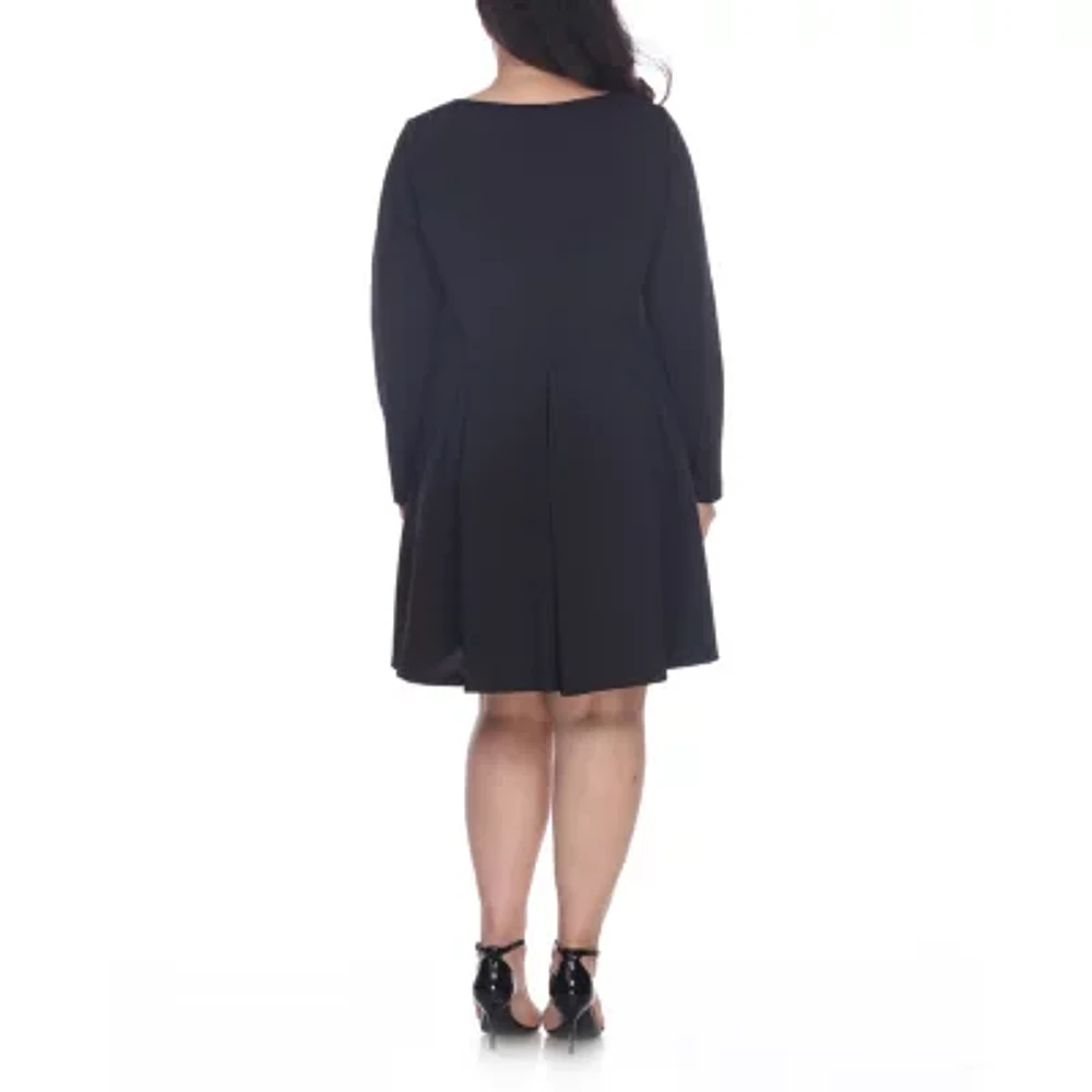 White Mark Womens Long Sleeve Plus Fit + Flare Dress