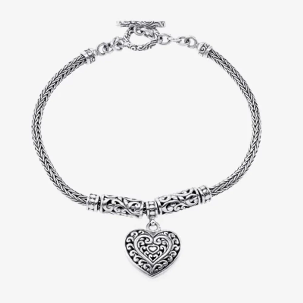 Bali Inspired Womens Sterling Silver Heart Charm Bracelet