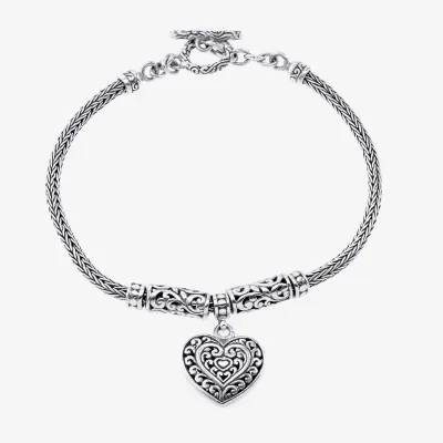 Bali Inspired Womens Sterling Silver Heart Charm Bracelet