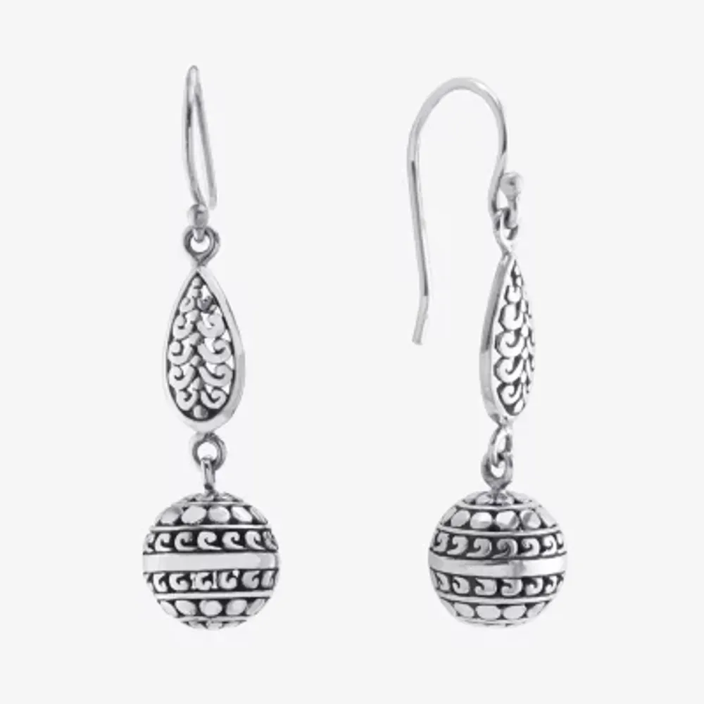 Bali Inspired Womens Sterling Silver Ball Round Drop Earrings