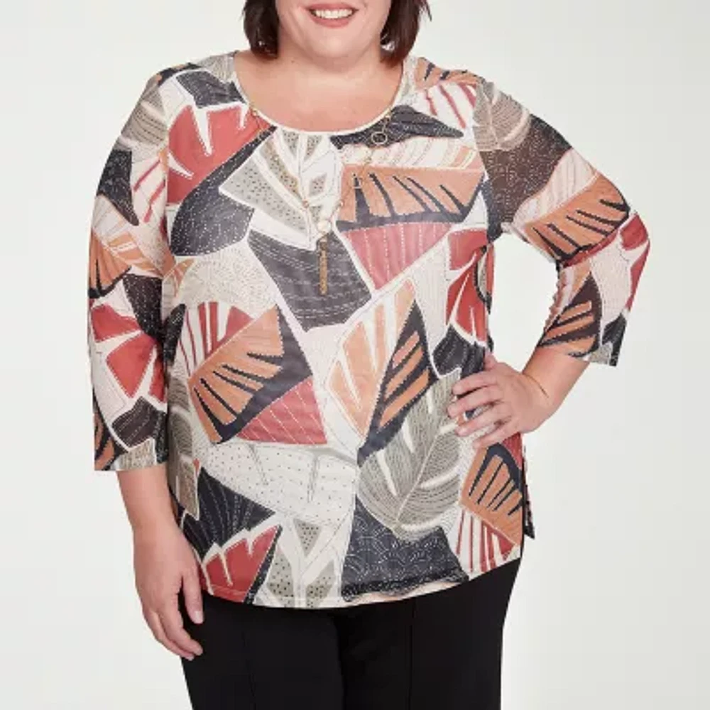 Alfred Dunner Natural Instinct Womens Crew Neck 3/4 Sleeve Stretch Fabric Plus T-Shirt