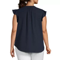 Liz Claiborne Plus Womens Split Crew Neck Short Sleeve Blouse