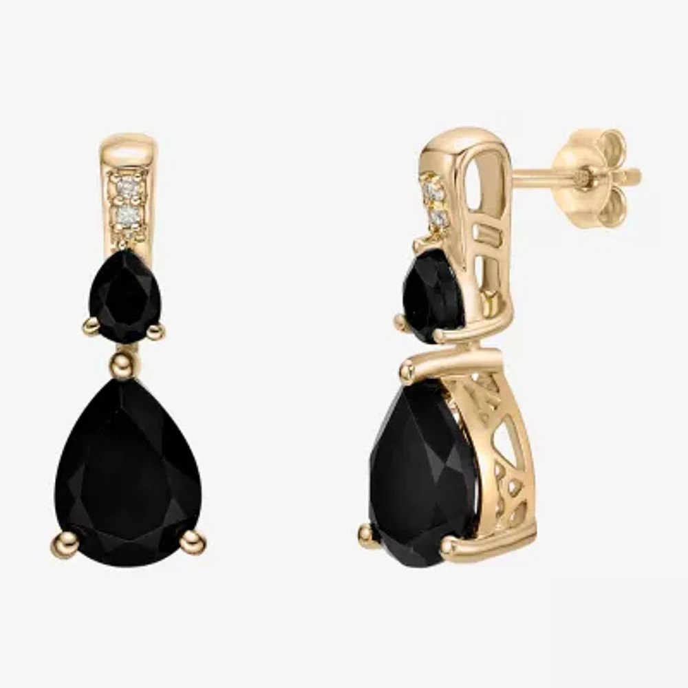 Womens Genuine Black Onyx 10K Gold Pear Drop Earrings