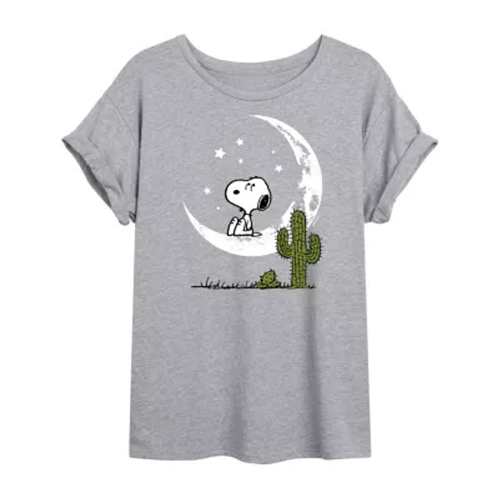 Snoopy Moon Womens Crew Neck Short Sleeve Regular Fit Peanuts Juniors Graphic T-Shirt