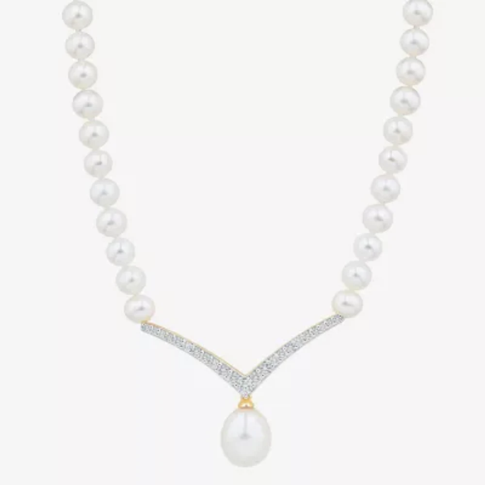 Womens Lab Created White Cultured Freshwater Pearl 14K Gold Over Silver Sterling Silver Chevron 17 Inch Pendant Necklace