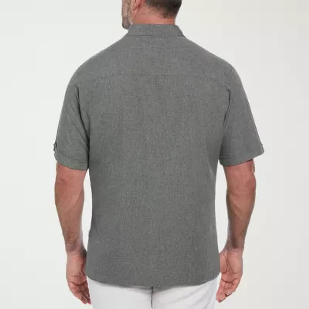 Cubavera Chambray Geo Embroidery Mens Short Sleeve Regular Fit Big and Tall Button-Down Shirt