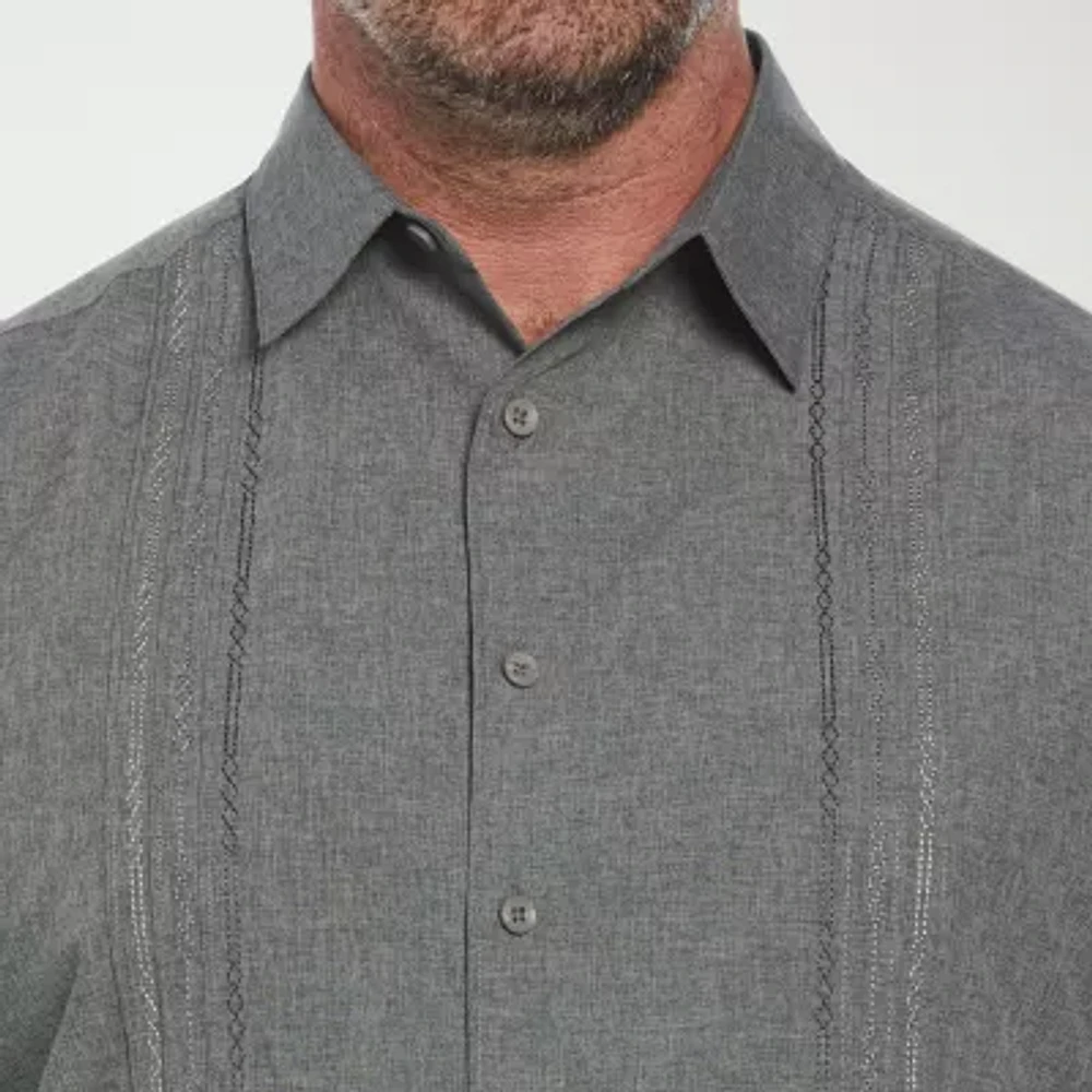 Cubavera Chambray Geo Embroidery Mens Short Sleeve Regular Fit Big and Tall Button-Down Shirt