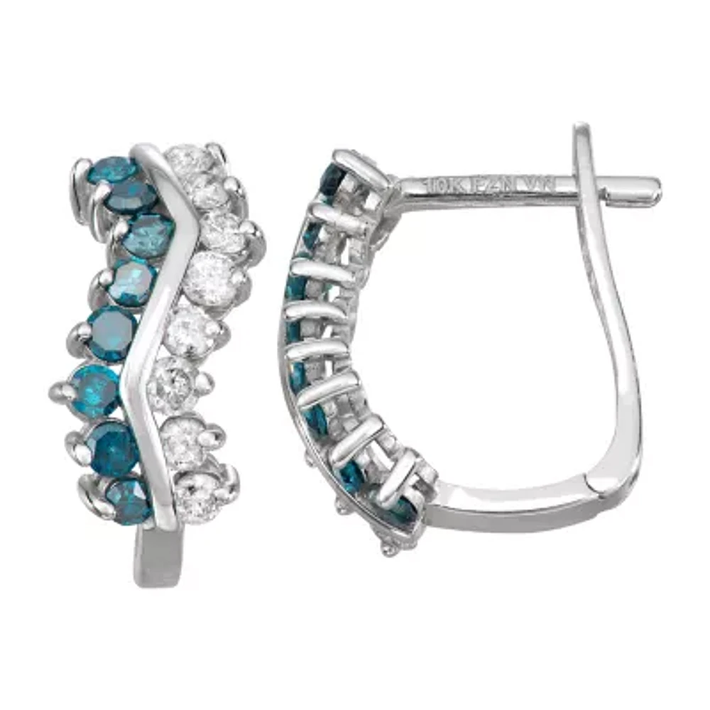 5/8 CT.T.W. Color-Enhanced Blue and Natural White Diamond 14mm Huggie Hoop Earrings in 10K White Gold