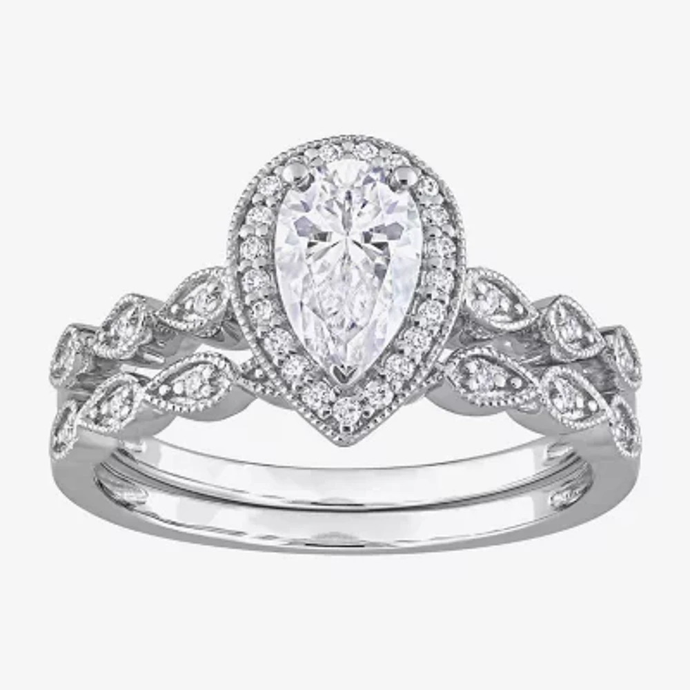 Womens 1 1/6 CT. T.W. Lab Created White Moissanite Sterling Silver Pear Halo Bridal Set