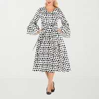 Giovanna Signature Womens Long Sleeve Midi Polka Dot A-Line Dress