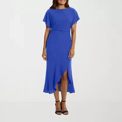 London Style Womens Short Sleeve Midi Fit + Flare Dress