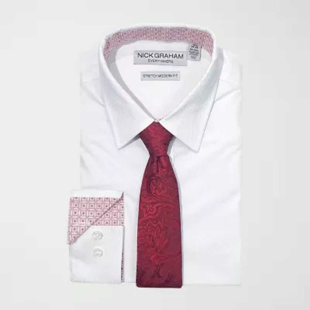 Nick Graham Mens Spread Collar Long Sleeve Shirt + Tie Set Fitted