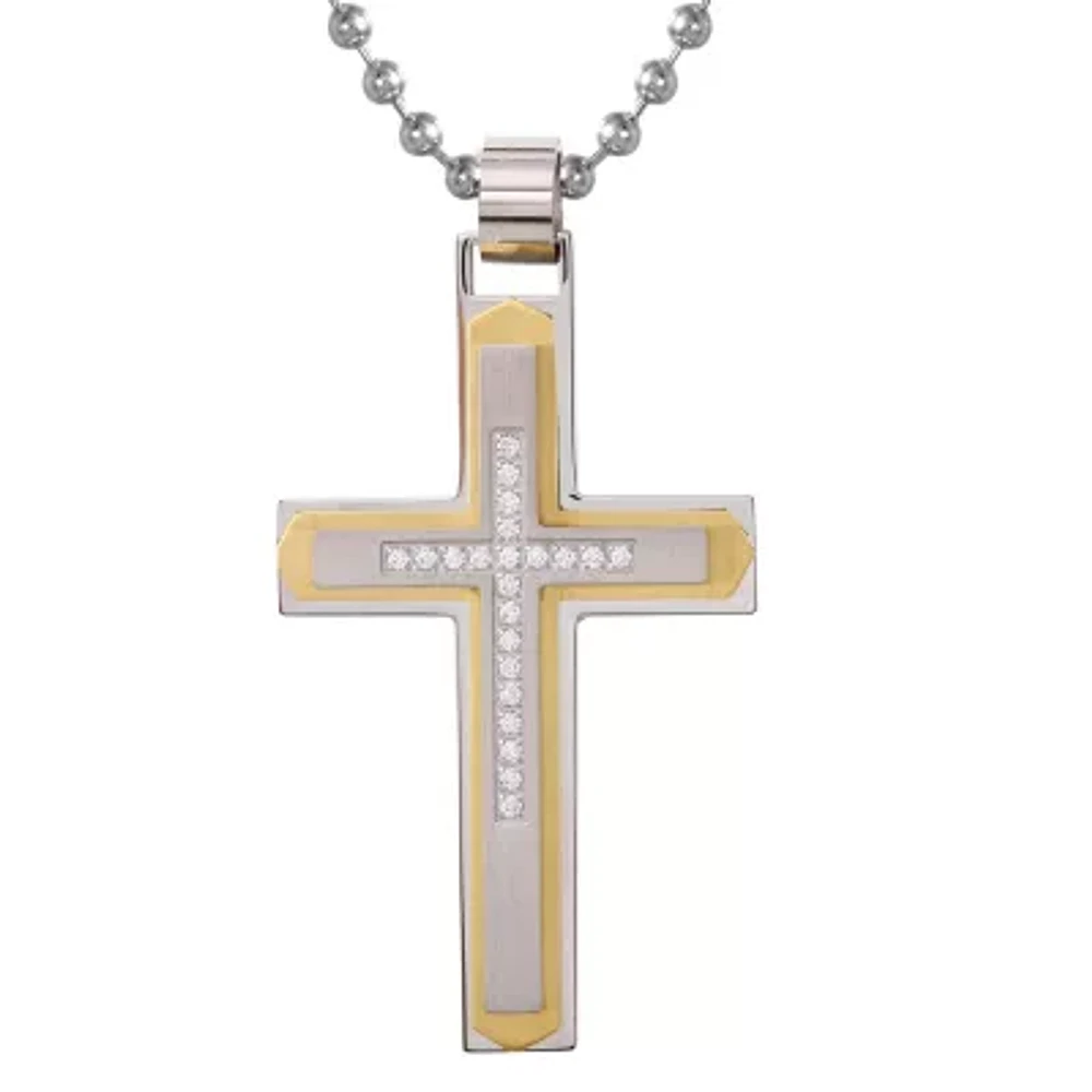 Mens 1/10 CT. T.W. Natural White Diamond Stainless Steel Cross 24 Inch Pendant Necklace