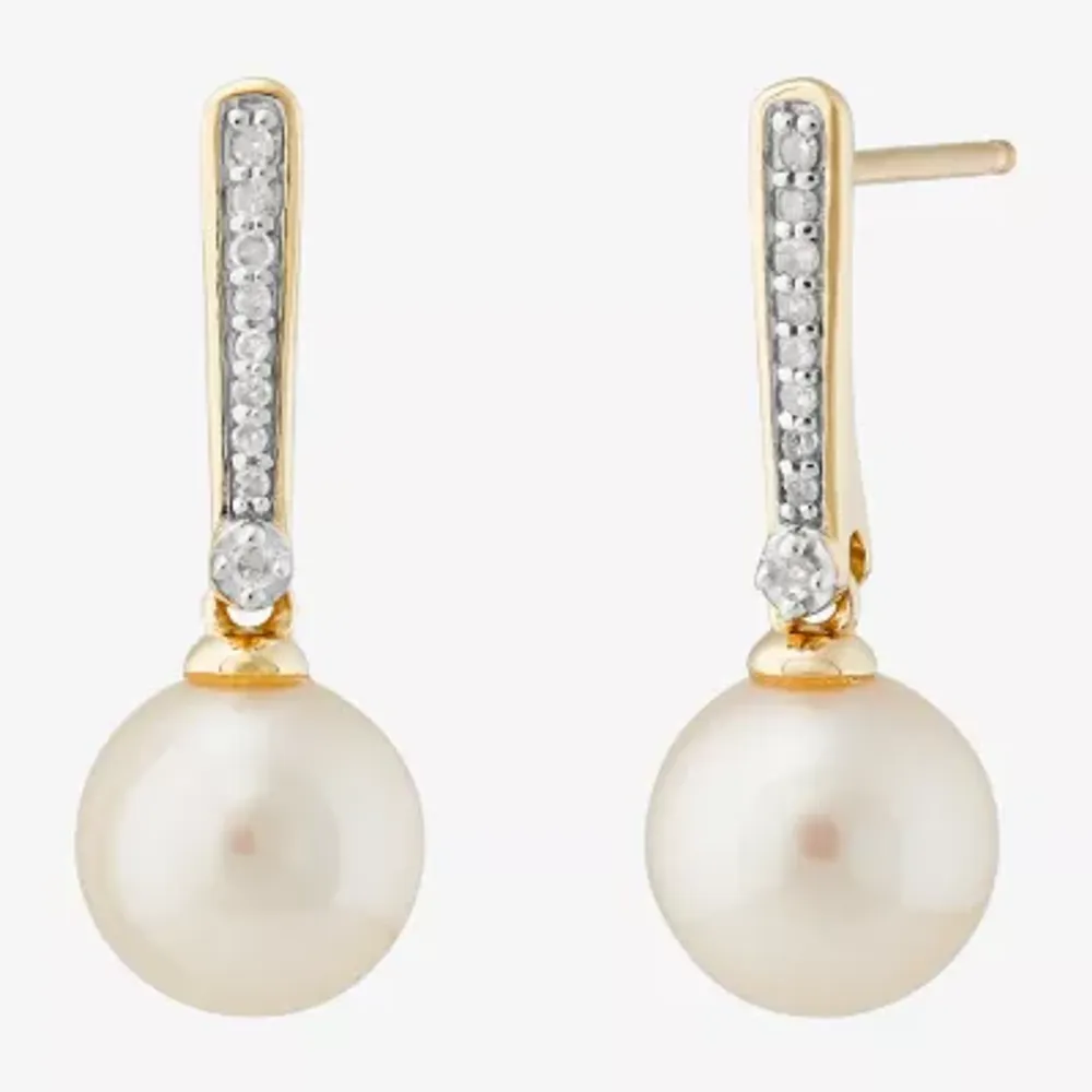 Womens Diamond Accent White Cultured Freshwater Pearl 10K Gold Drop Earrings