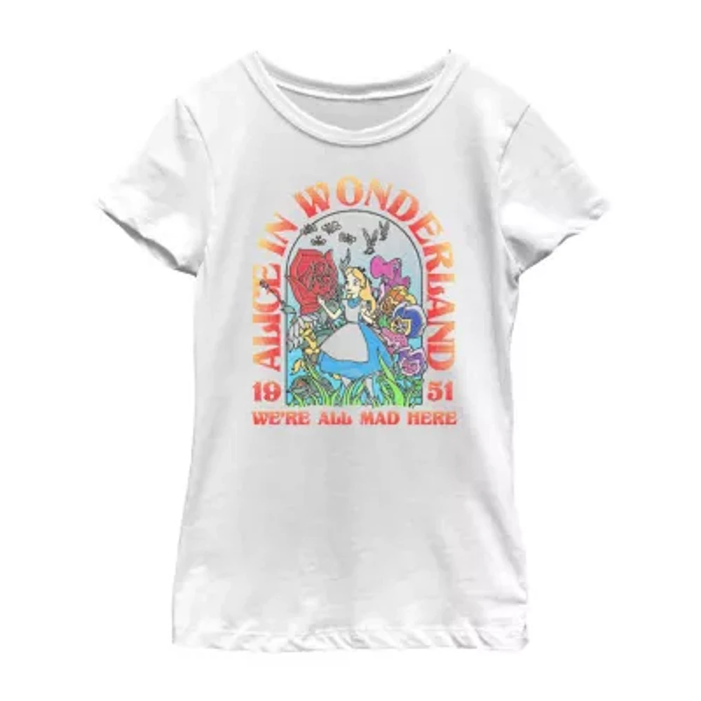Disney Little & Big Kid Girls Crew Neck Short Sleeve Slim Fit Alice Wonderland Graphic T-Shirt