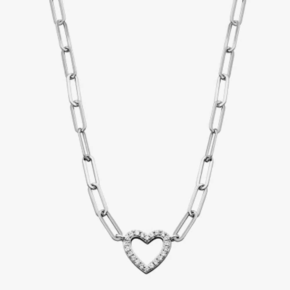 Paris 1901 By Charles Garnier Womens White Cubic Zirconia Sterling Silver Heart Paperclip 18 Inch Pendant Necklace