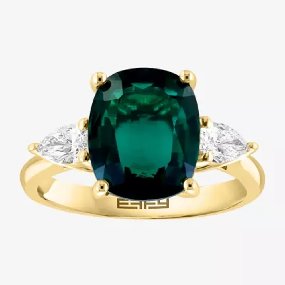 Effy Womens Lab Created Green Emerald & 1/5 CT. T.W. Grown Diamond 14K Gold Pear Cushion Cocktail Ring