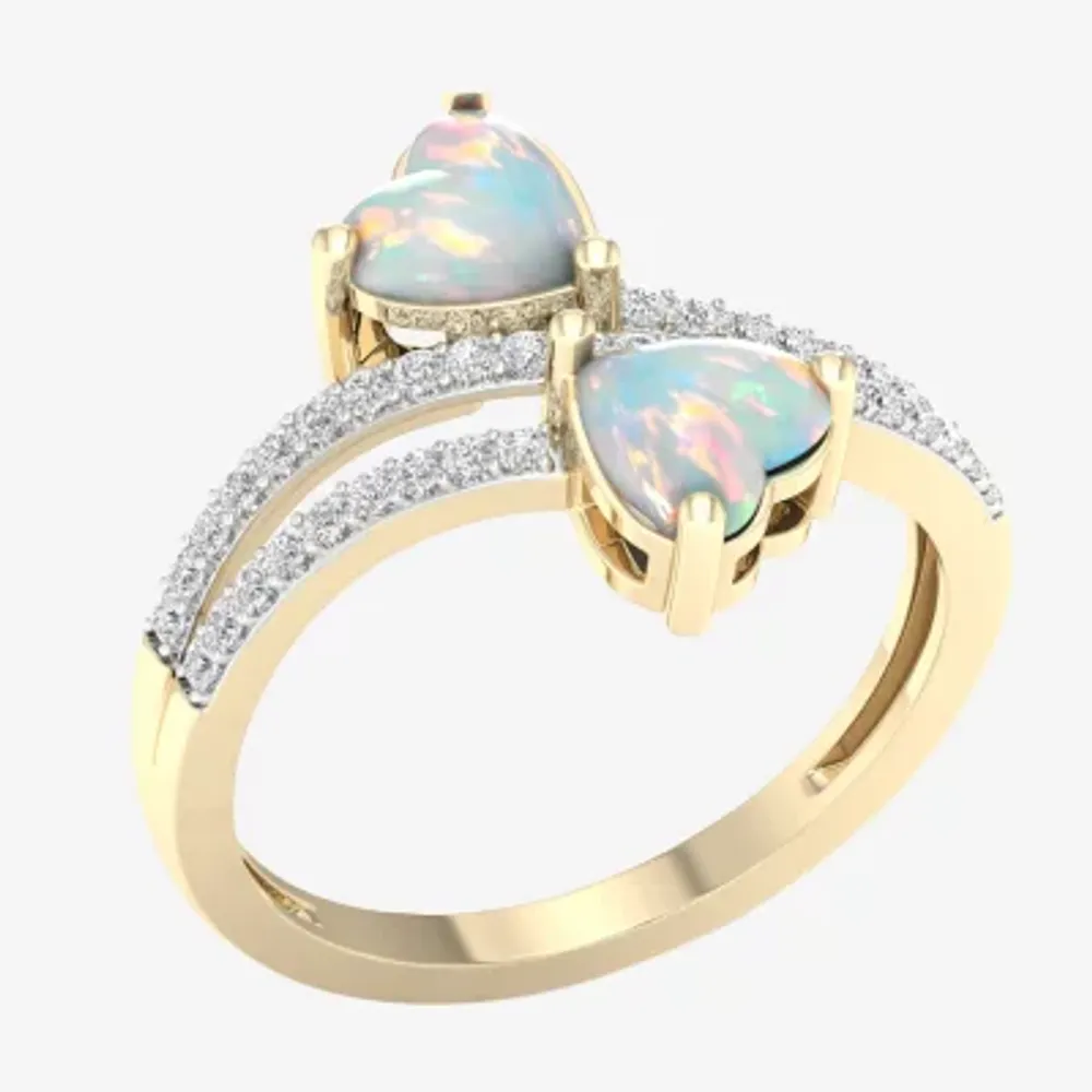 Womens 1/5 CT. Genuine White Opal 10K Gold Heart Crossover Cocktail Ring