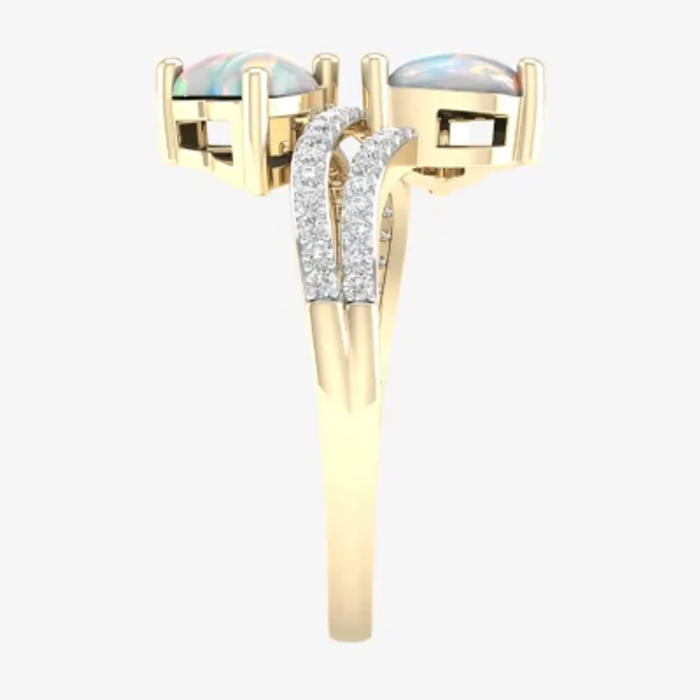 Womens 1/5 CT. Genuine White Opal 10K Gold Heart Crossover Cocktail Ring