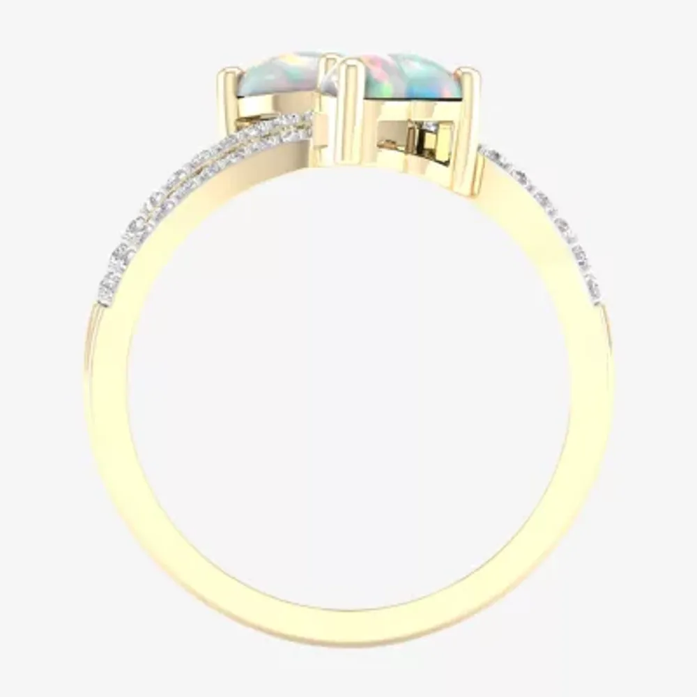 Womens 1/5 CT. Genuine White Opal 10K Gold Heart Crossover Cocktail Ring
