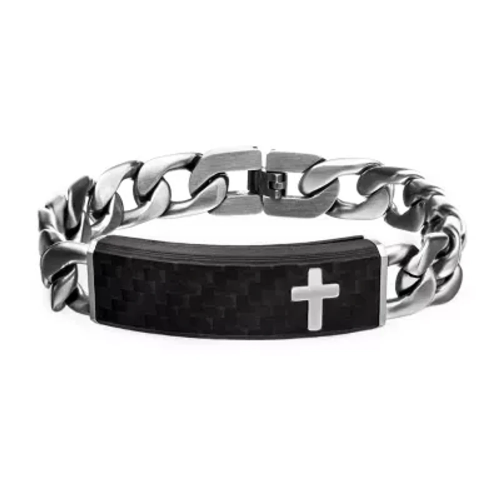 Mens Stainless Steel 8 1/2 Inch Curb Cross Id Bracelet