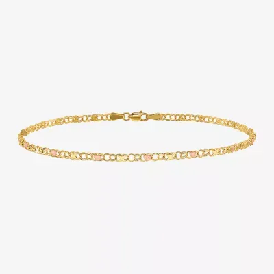 Womens 14K Two Tone Gold 10 Inch Solid Link Heart Ankle Bracelet