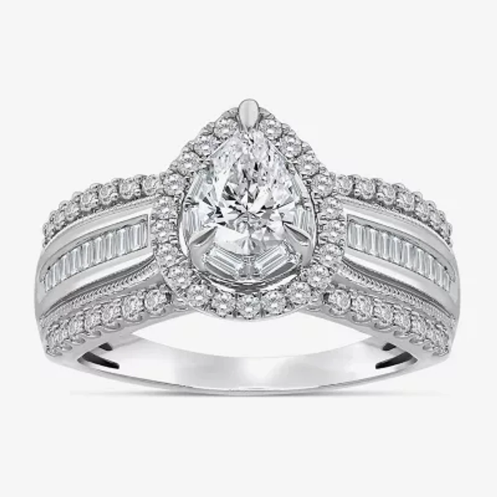 (I / I1) Womens 1 CT. T.W. Lab Grown White Diamond 10K Gold Pear Side Stone Engagement Ring