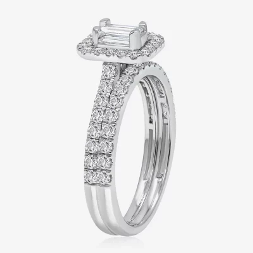 (I / I1) Womens 1 CT. T.W. Lab Grown White Diamond 10K Gold Side Stone Halo Engagement Ring