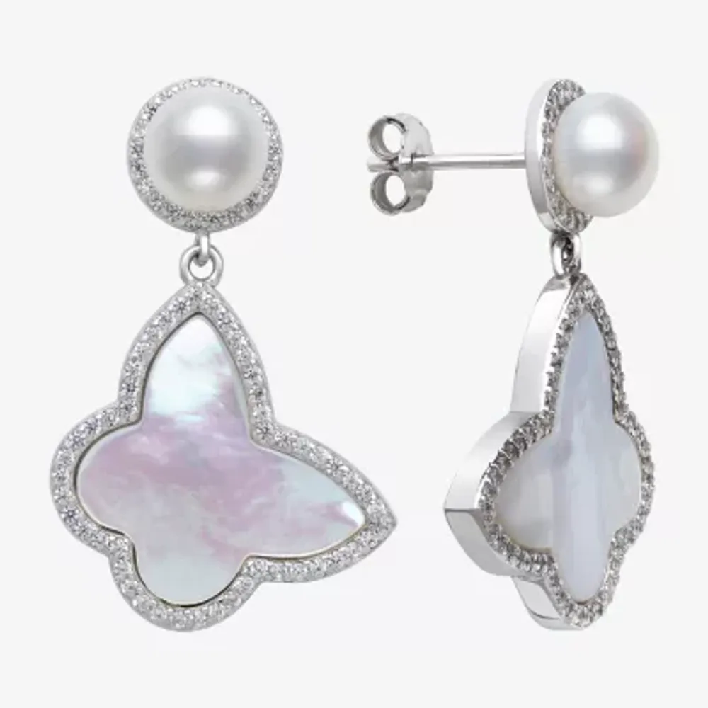 Womens Genuine White Mother Of Pearl Sterling Silver Butterfly Drop Earrings