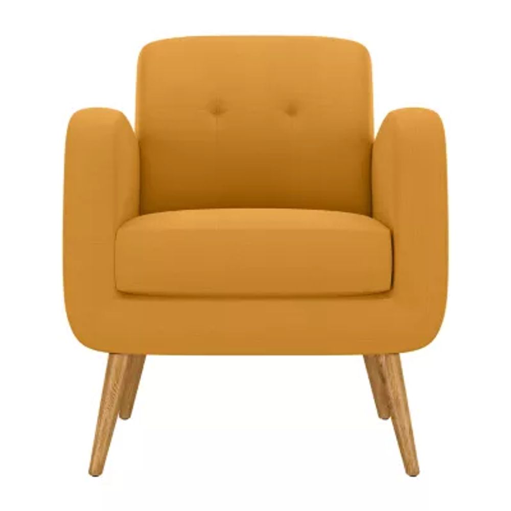 Kingston Mid-Century Modern Accent Armchair in Linen with Legs in a Natural Finish