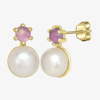 Silver Treasures White Simulated Pearl 14K Gold Over 10.5mm Round Stud Earrings