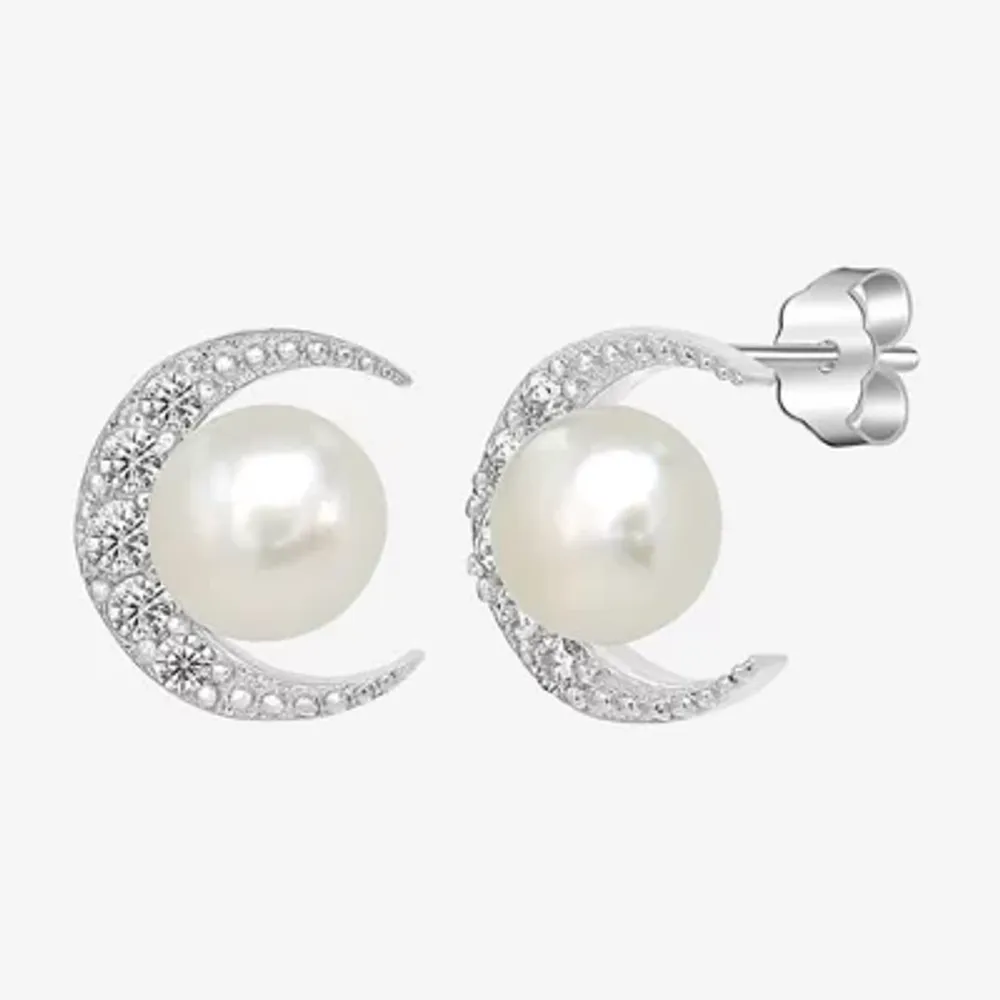 Silver Treasures White Simulated Pearl Sterling Silver 10mm Moon Stud Earrings