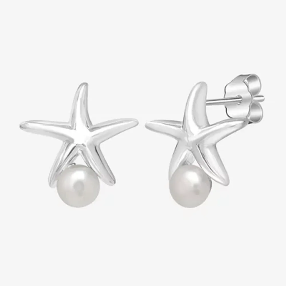 Silver Treasures White Simulated Pearl Sterling Silver 13.9mm Star Stud Earrings
