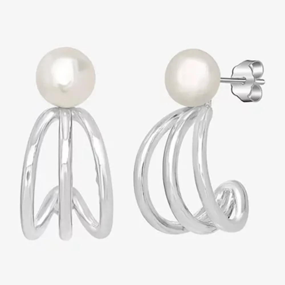 Silver Treasures Womens White Simulated Pearl Sterling Silver 10mm Hoop Earrings