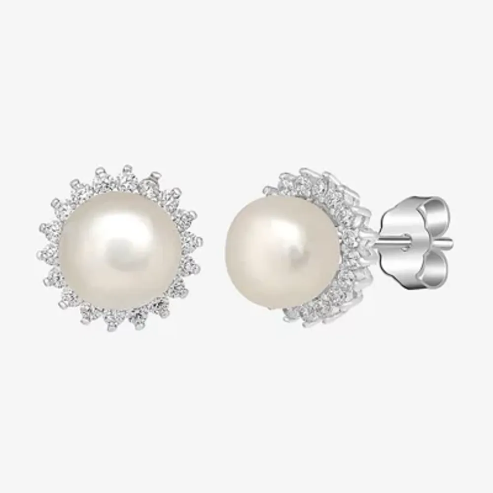 Silver Treasures White Simulated Pearl Sterling Silver 8.2mm Round Stud Earrings