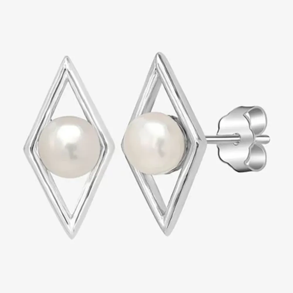 Silver Treasures White Simulated Pearl Sterling Silver 13mm Diamond Stud Earrings