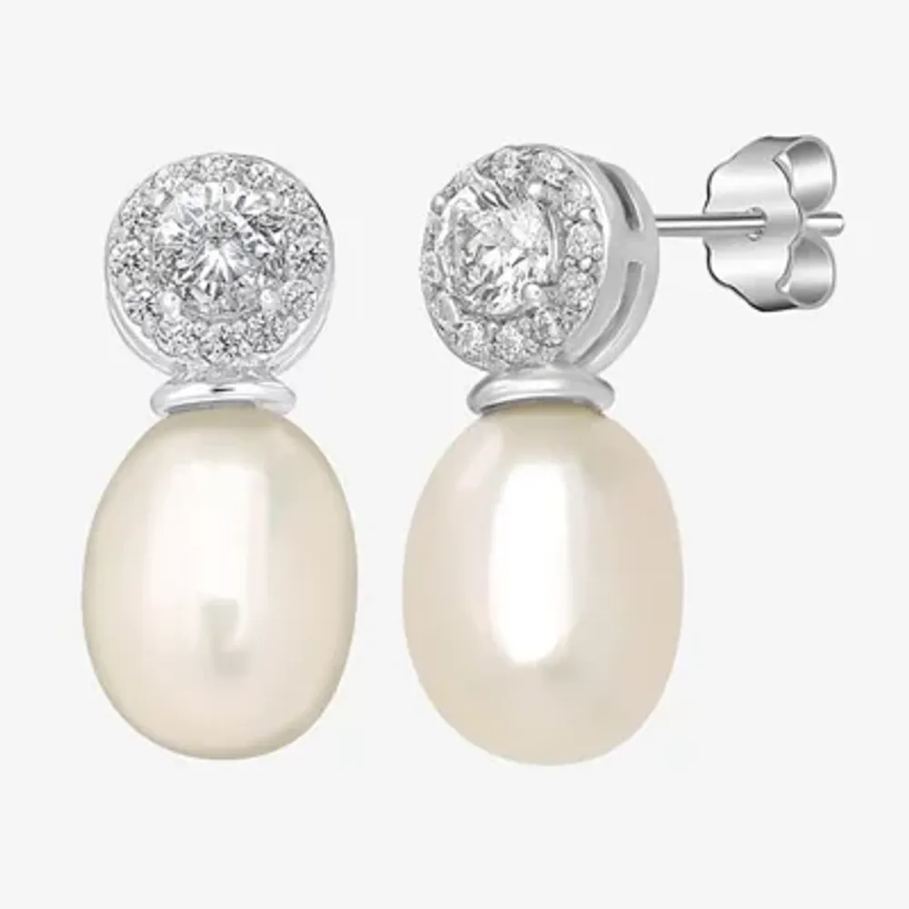 Silver Treasures Womens White Simulated Pearl Sterling Silver Round Drop Earrings